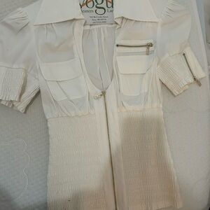 White Short Sleeve Zip-Up Blouse